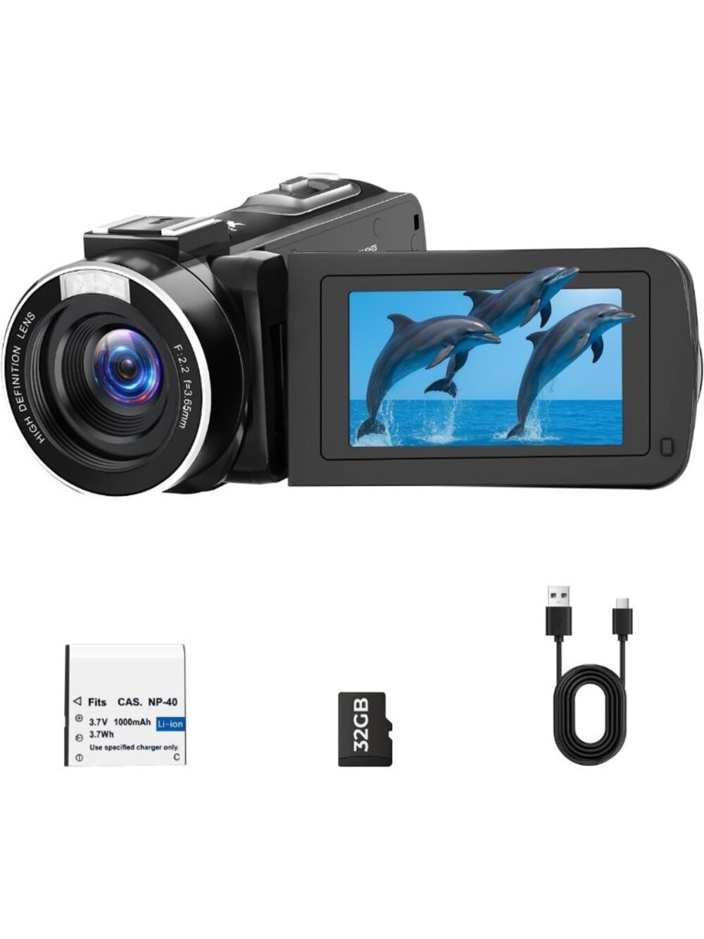 2.7K Video Camera with 48MP, Flip Screen, 18X Zoom, Anti-Shake, 32GB Card